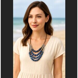 J. Jill Indigo Sodalite Cascading Strand Necklace Blue Silver Beads Adjustable